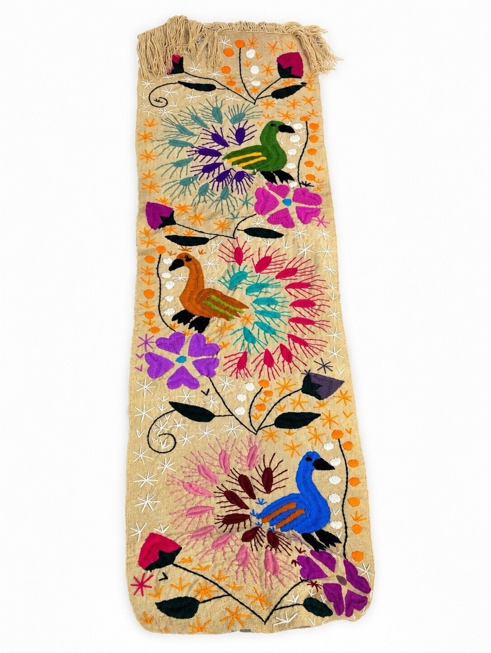 Vintage Mexican Hand Embroidered Floral Table Runner Folk Art 62”